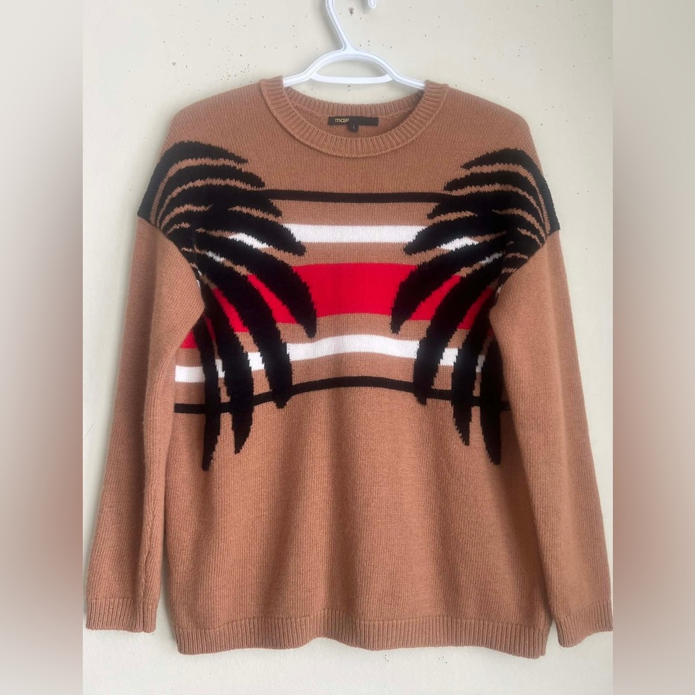 Maje Brown and Red Palm Design Sweater